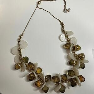 Vintage Statement Necklace Amber Beads Flat White Shells Gold Tone Chain